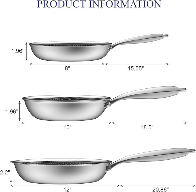 Bielmeier 8, 10, 12 Inch Nonstick Frying Pan，3-Piece Set Stainless Steel Flat Bottom Frying Pan for Gas, Electric & Induction Cooktops, Dishwasher Safe