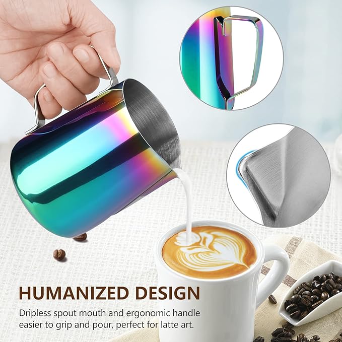 HOOMIL Milk Frothing Pitcher, 12oz/20oz/32oz Stainless Steel Steaming Pitcher Barista Milk Frother Cup Jug for Espresso Machine Coffee Cappuccino Latte Art - 12oz, Rainbow