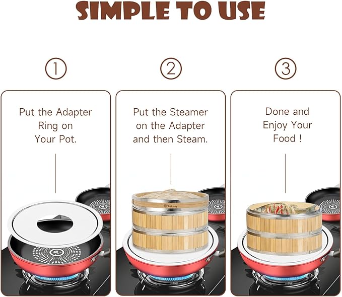 Stainless Steel Steamer Ring | 13 Inch, Fits 7 to 12 Inch Bamboo Steamer | Steaming Adapter for Steam Pot, Asian Food, Dumpling, Dim Sum, Rice, Veggie for Cooking Basket