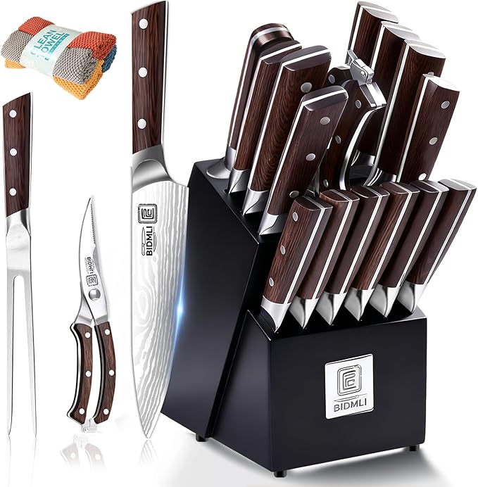 17-Piece Knife Block Set BIDMLI- Black Sharpener & Chicken bone Shears, high carbon stainless steel blades, Ergonomic Hardwood Handle,for Home, Restaurant, Professional