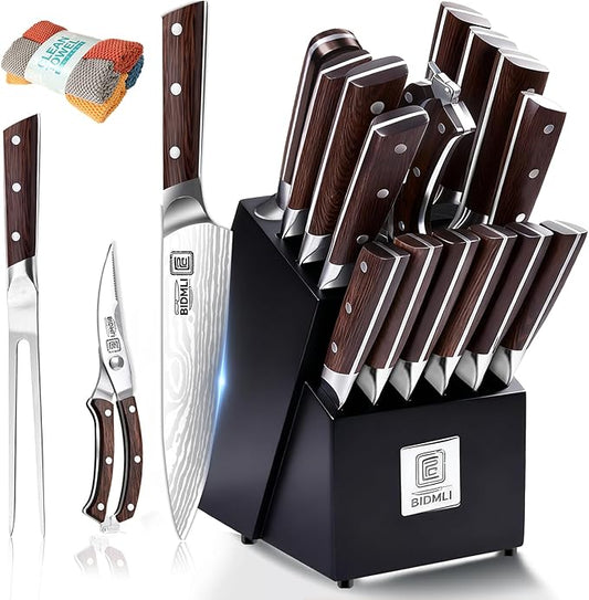 17-Piece Knife Block Set BIDMLI- Black Sharpener & Chicken bone Shears, high carbon stainless steel blades, Ergonomic Hardwood Handle,for Home, Restaurant, Professional