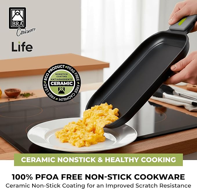BRA COOKWARE Life Ceramic Nonstick Grill | 12.6 x 9.4 Inch Recycled Cast Aluminum Smooth Plate | Ceramic Non-Stick | Ceramic Non-Stick Coating | PFOA Free | All Cooktops| Removable Handles