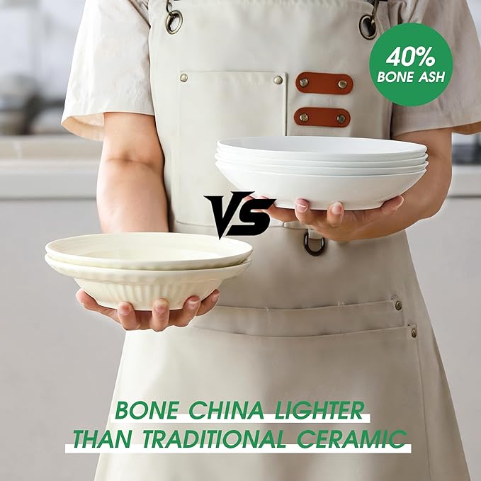 Bone China Pasta Bowls Set of 4, 25.7oz Salad Bowl White Soup Bowls, 8 inch Pasta Bowls Lightweight Wide Shallow Kitchen Plates for Serving Dinner - Microwave Dishwasher Safe, Kitchen Gifts
