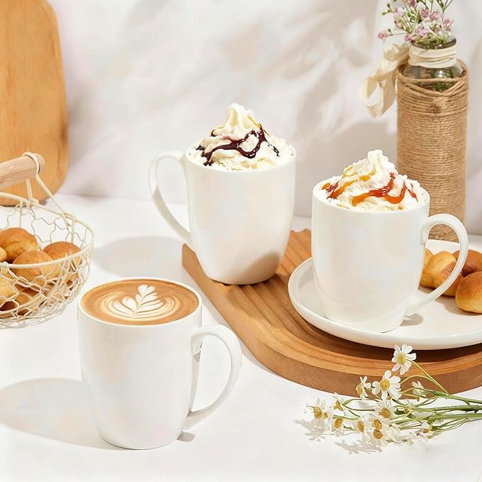 AntoKueh 16OZ White Ceramic Coffee Mugs, Porcelain Mugs Set of 6 with handle for hot cocoa, tea, milk, Cappuccino, Microwave Safe