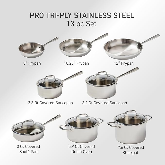 T-Fal Pro Tri-Ply Stainless Steel Cookware Set 13 Piece Induction Compatible, Oven Safe 500F, Lids 350F, Fast & Even Heat, Pots and Pans Set, Professional Quality, Kitchen Essentials, Silver