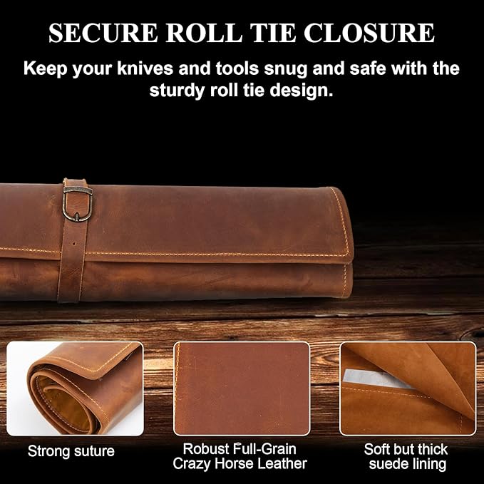 BSLGCTX Leather Knife Roll, Chef Knife Roll Bag, Knives Carrying Case, Culinary Tools Carrying Storage, Portable Travel Storage with 7 Slots & Zipper, Gifts for Chef (Brown)