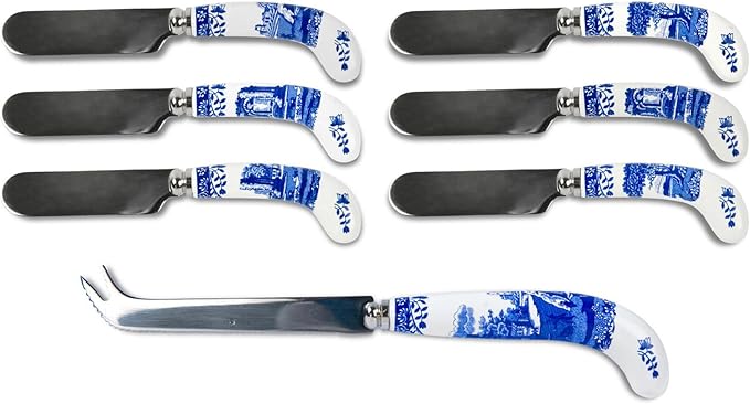 Spode Blue Italian Cheese Knife and 6 Spreaders, Stainless Steel with Porcelain Handle, 4.75 Inches, Jam Spreader, Butter, and Pastry Knife