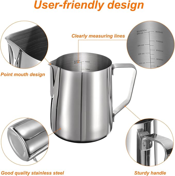 uxcell Milk Frothing Pitcher, 31oz / 900ml Stainless Steel Milk Frother Cup with Scale for Milk Steaming Pitcher Latte Art Cappuccino Coffee Espresso Accessories Tool, Silver Tone