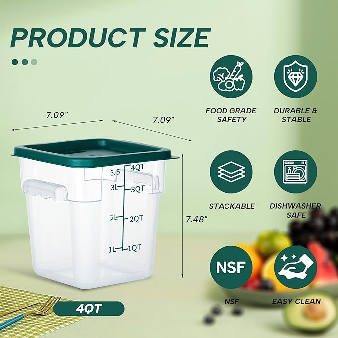 STEELUS 4 Pack Food Storage Containers, 4 Quart with Lids, Square Commercial Containers with Scale, Clear NSF Food Organizing, Polycarbonate