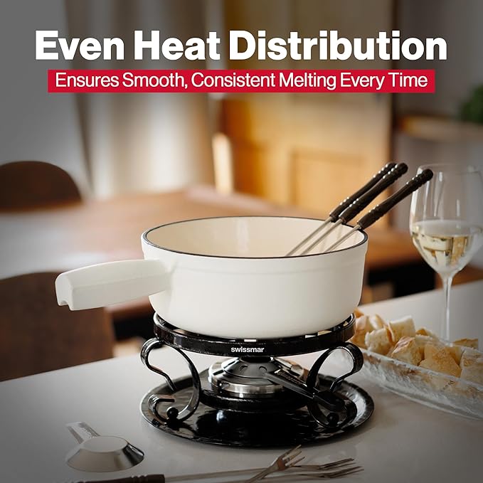 Swissmar Lugano Cast Iron Cheese Fondue Pot Replacement, 2 QT / 2 L – Compatible with Swissmar Lugano Fondue Sets – Ideal for Melting Cheese, Chocolate, & Caramel – Matte White
