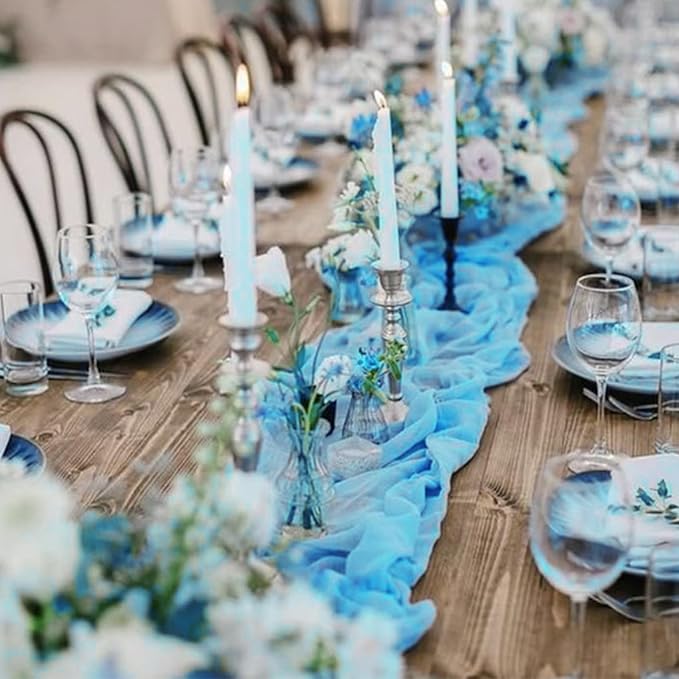 10 Pack Cheesecloth Table Runner 10FT Boho Gauze Rustic Fabric Table Runner Vintage Sheer Tablecloth for Wedding Party Bridal Baby Shower Decorations (Light Blue)