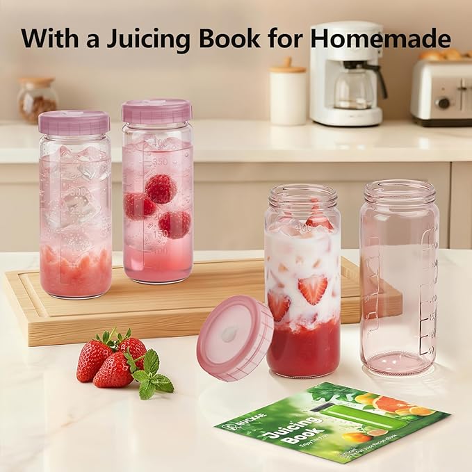 Ruckae 16oz 10 Pack Glass Juice Bottles with Dual Scale, Reusable Glass Bottles with Hole Lids and Straws Mason Jar for Juicing, Smoothies, Kombucha - Water Bottle for Fridge or Gym (Pink)