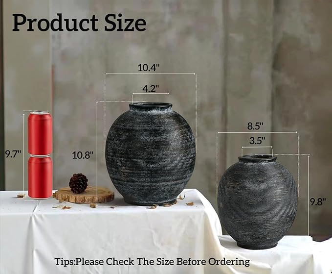 Large Black Ceramic Vase Home Decor, Round Farmhouse Table & Floor Vases Rustic Vintage Living Room Entrway Kitchen Bedroom Decorations，Minimalist Hand-Made Textured Vase (10.8” H Black Bronze)