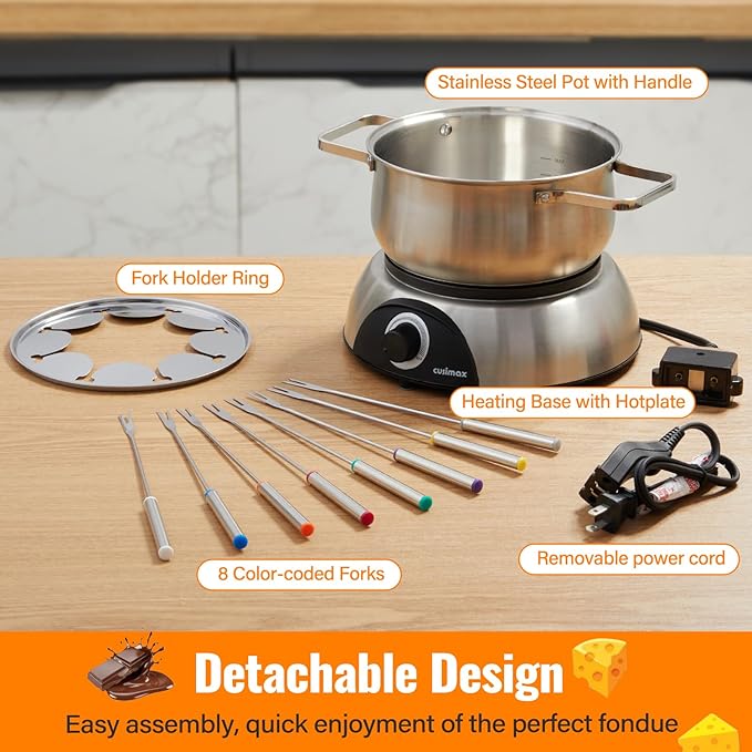 CUSIMAX Electric Fondue Set, 1500W Electric Fondue Pot with Luminous Control Dial, 8 Colour Coded Stainless Steel Forks, For Chocolate, Cheese, Broth, Oil, Stainless Steel Fondue Maker, 1.4Quart