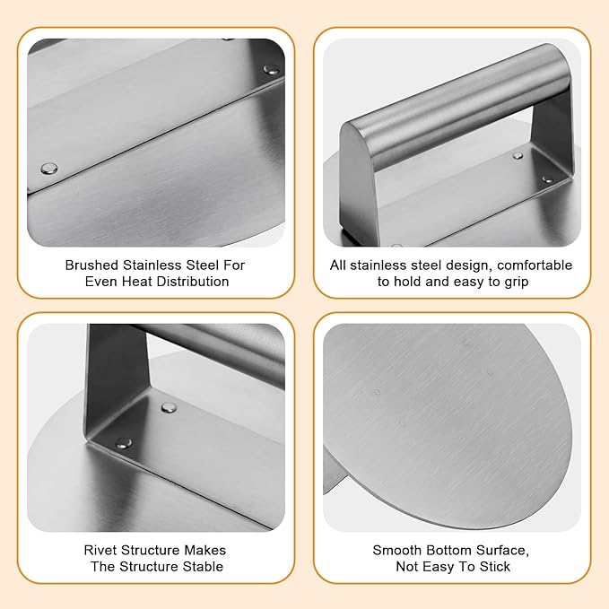 Whaleme Stainless Steel Burger Press 6.2" Round Smash Burger Press- Pro Non-Stick Burger Smasher for Blackstone/Flat Top Grill, Perfect for Burgers, Bacon | Dishwasher Safe Grill Press
