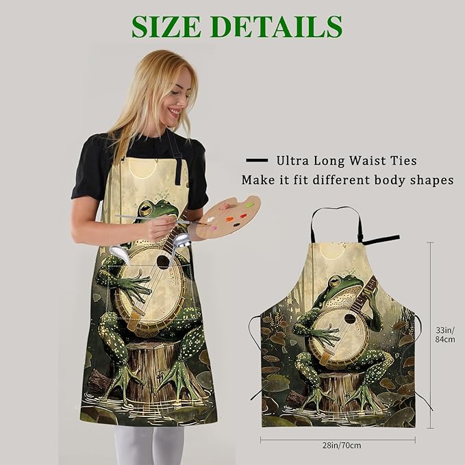 Banjo Playing Frog Apron with Adjustable Neck Strap,Woodland Musical Kitchen Aprons with 2 Pockets for Women,28x33in,Oxford Fabric,Gifts for Wife Mom,For Chef Cooking Baking Gardening BBQ