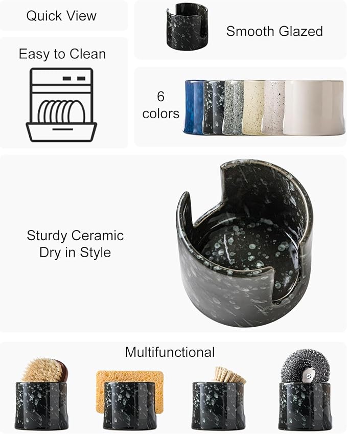 Sponge Holder for Kitchen, Ceramic Sink Scrub Sponge Rack Dish Rack Scrubbers Holder for Kitchen Sink, Bathroom, Black