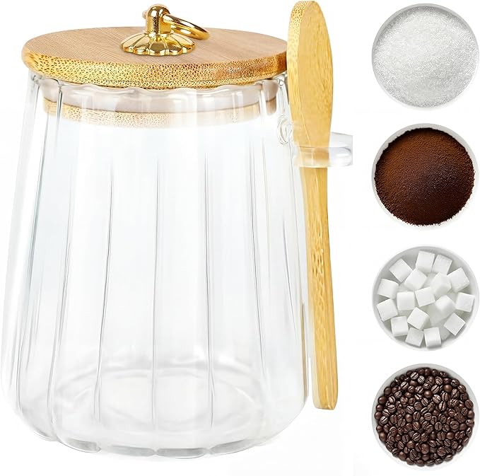 Sugar Jar with Lid and Spoon,24oz Large Glass Spice Jars for Coffee Bar Decor Accessories Food Storage Containers Home Essentials
