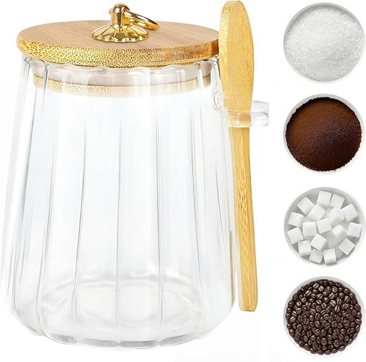 Sugar Jar with Lid and Spoon,24oz Large Glass Spice Jars for Coffee Bar Decor Accessories Food Storage Containers Home Essentials