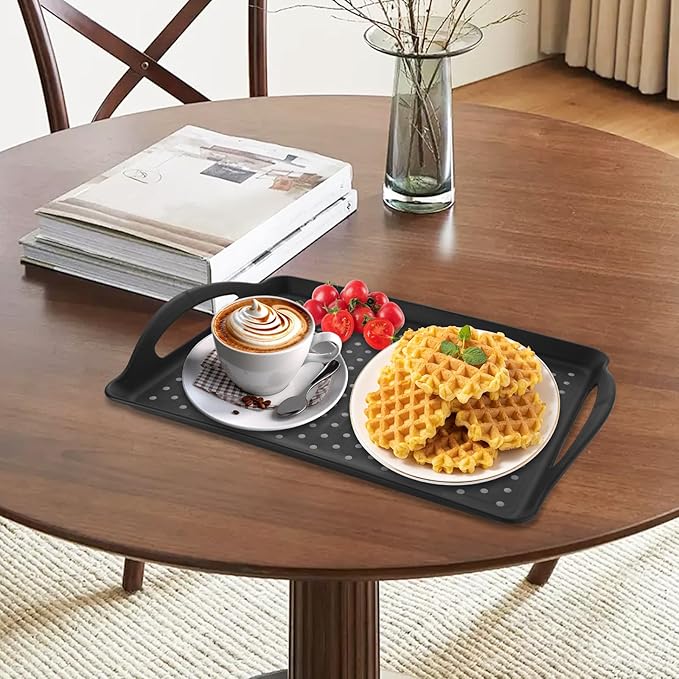 4 PCS Non-Slip Plastic Serving Trays with Handles Black Grill Prep Trays for Prep Carry Rectangular Plastic Food Tray for Serving Food, Snack,Breakfast Drink(16.5x11.4x1.6 inch)