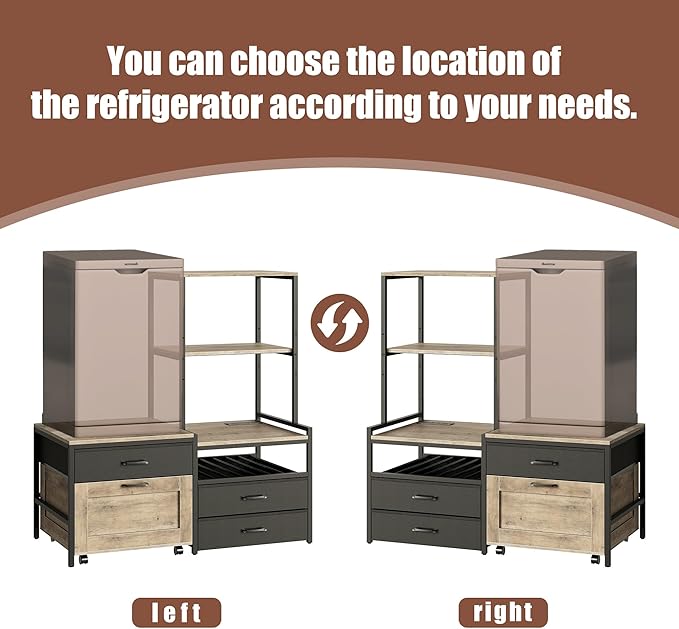 Mini Fridge Stand with Wine Rack, Kitchen Bakers Rack with Power Outlet, Microwave Oven Stand, Coffee Bar, Movable Drawers, for Dorm,Office, Grey HB04BXZ