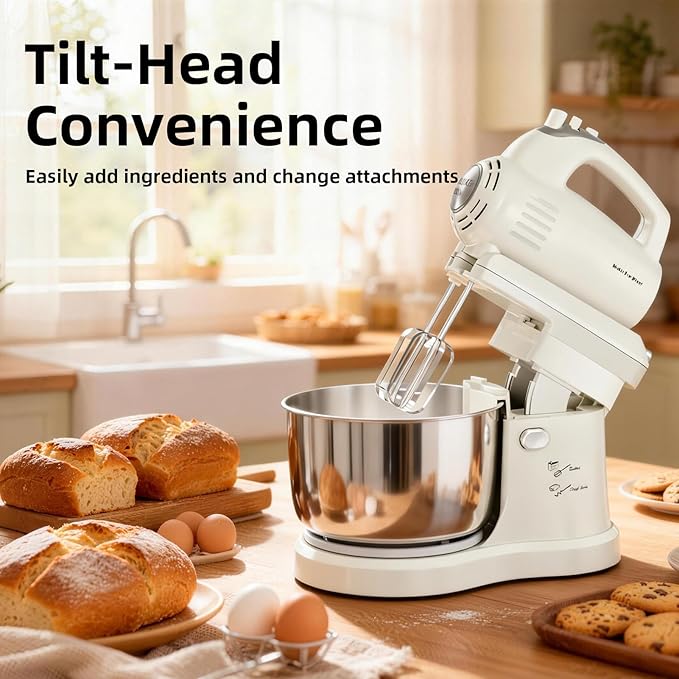 Stand Mixer Hand Mixer Kitchen Electric - 2-IN-1 3.2 QT Auto-Rotating Bowl & Beater Tilt-Head Small Standing Mixer, 250 Watt 5-Speed with Turbo Boost Household Mixer with Beaters & Dough Hooks