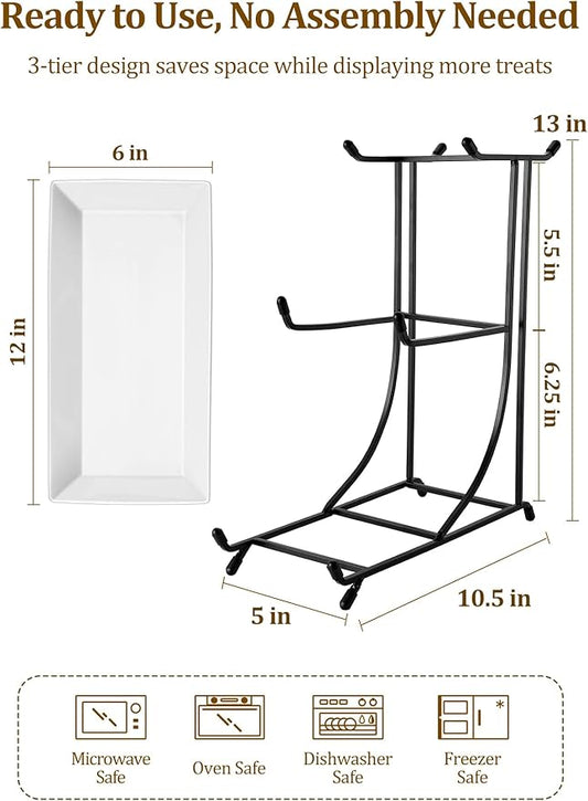 Yedio 3 Tier Serving Tray Set – 12 Inch Porcelain Serving Platters with Pre-Assembled Black Metal Stand, No Installation Required, Tiered Tray for Dessert Fruit Food Display and Party Entertaining