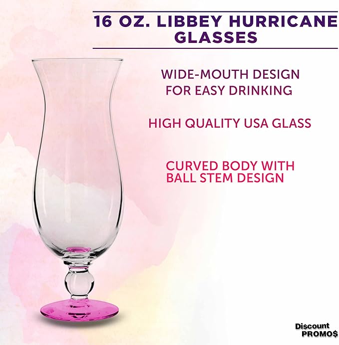 DISCOUNT PROMOS Libbey Hurricane Glasses 16 oz. Set of 12, Bulk Pack - Branded Drinkware for Cocktail, Pina Colada or Mudslide - Pink