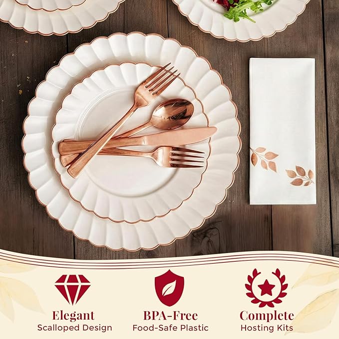 By Madee HEAVYWEIGHT Fancy Disposable Dinnerware Set – 175-Piece Ivory and Scalloped Rose Gold DisposablePlates, Cutlery & Linen-Feel Napkins, Elegant Nice for Weddings & Party (25 Guests)