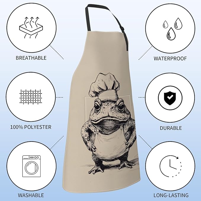 Funny Chef Frog Apron for Women Men,28x33in,Whimsical Kitchen Aprons with 2 Pockets,Oxford Fabric,Playful Adjustable Apron for Cooking Baking Gardening,Gifts for Mom Wife