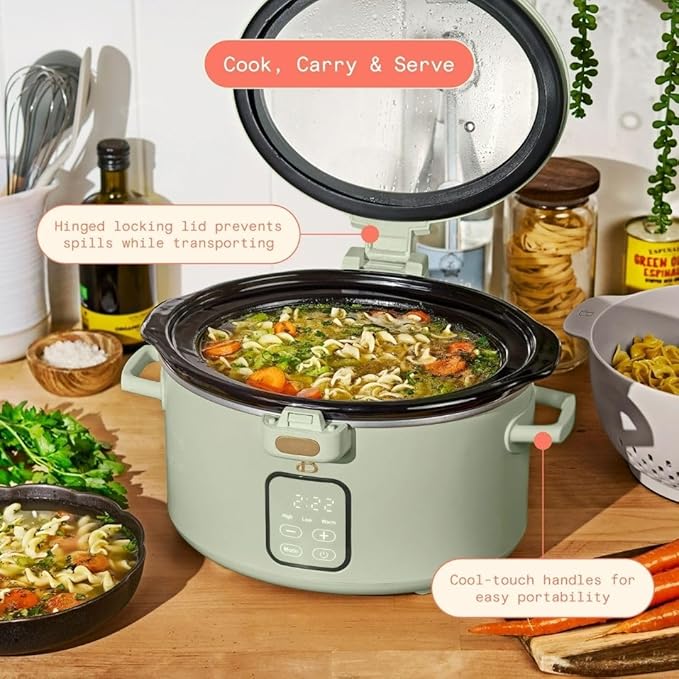 Beautiful by Drew 4.0-Quart Programmable Slow Cooker with Hinged Lid, Digital Timer, Keep Warm Function, Removable Stoneware Pot, Stainless-Steel Accents (Sage Green)