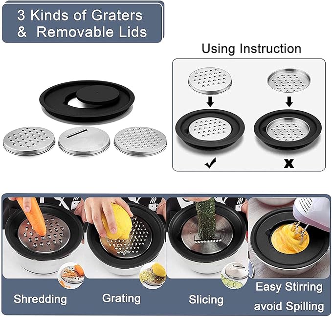 HAPPY KIT 18/8 Mixing Bowls With Lids Set of 2,Stainless Steel Mixing Bowl With Pour Spout, Non-slip Handle and Bottoms, 3 Grater Attachments, Measurement Marks & Lid, Size 5, 3QT(Black)