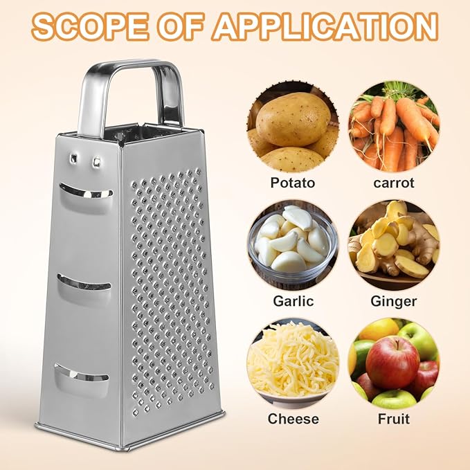 1pc Stainless Steel Vegetable Grater Portable Metal Grater 4-Sided Cheese Grater with Handle for Kitchen Restaurant (8inch)