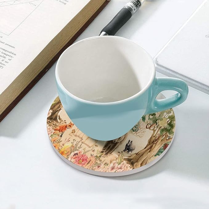 Forest Drink Coasters, Round Ceramic Drink Coaster Round-4PCS, Retro Mountain Forest Nature Tree Woodland Flower Animal Bear, Deer Decor Absorbent Ceramic Coasters for Beverage Cup, Bar, Coffee Table