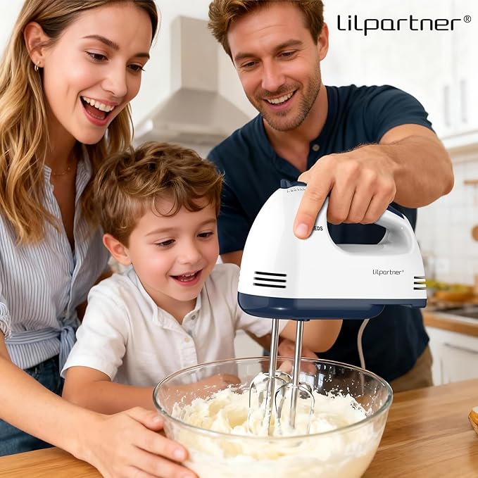 LILPARTNER Hand Mixer Electric, Small Food Mixer 7 Speeds Handheld Blender,304 *(1* Whisk, 2* Beater, 2*Dough Hook) Kitchen Blender for Cream, Cookies, Dishwasher Safe, White