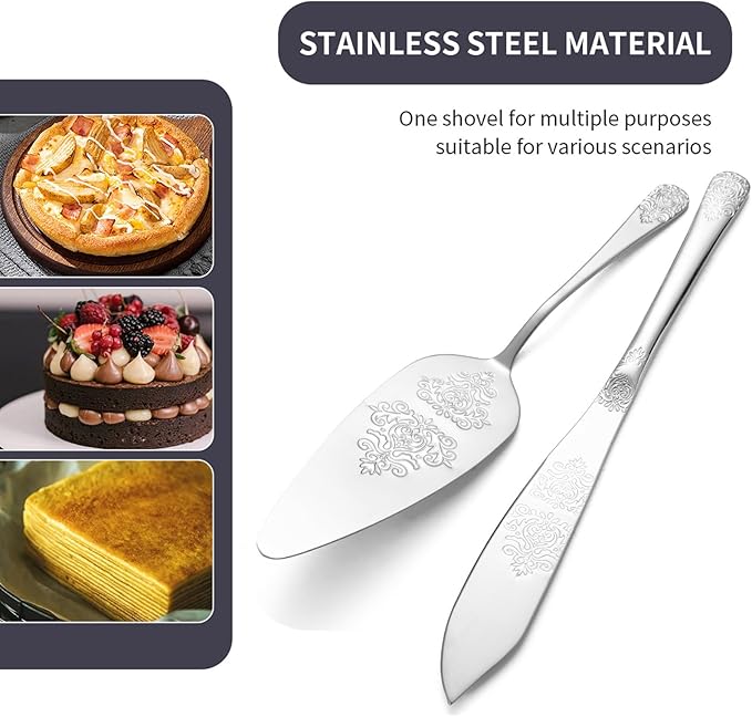 Tiokin Cake Cutting Set for Wedding, Elegant Cake Knife and Server Set with Thickened Stainless Steel Rounded Edges, Cake Cutter Pie Spatula for Birthday Anniversary Christmas 2 Pcs Silver