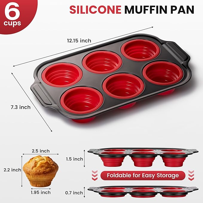 HE-SANQI Silicone Muffin Pan for Baking with Metal Reinforced Frame - 6 Cups Regular Size Cupcake Pan Muffin Tins Egg Bite Molds - Nonstick, Easy to Pop, Bakeware for Oven, BPA Free (6-Cups Red)