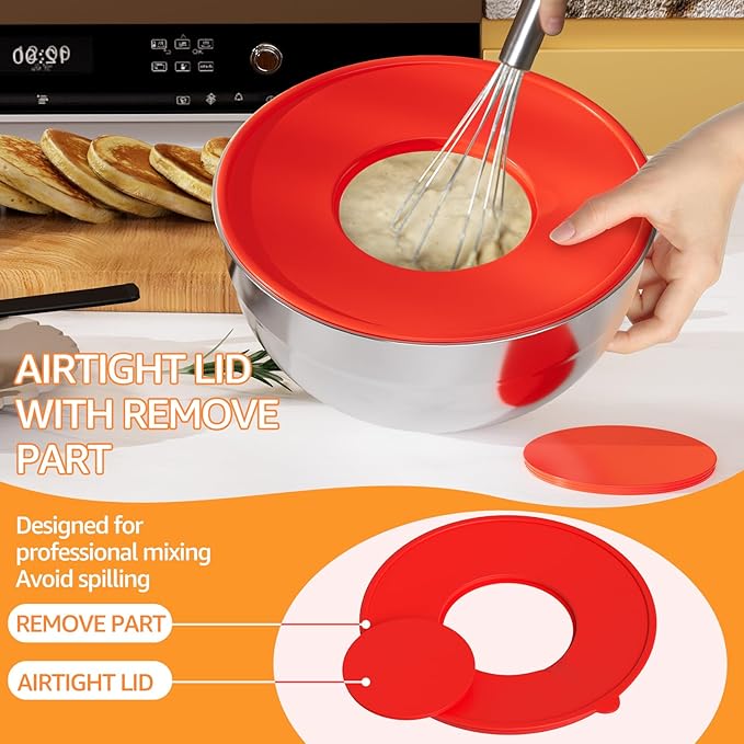 Mixing Bowls with Colorful Airtight Lids, 6 Piece Stainless Steel Metal Bowls with 3 Grater Attachments, Size 4.5, 3.5, 2.1, 1.5, 1.1, 0.7 QT
