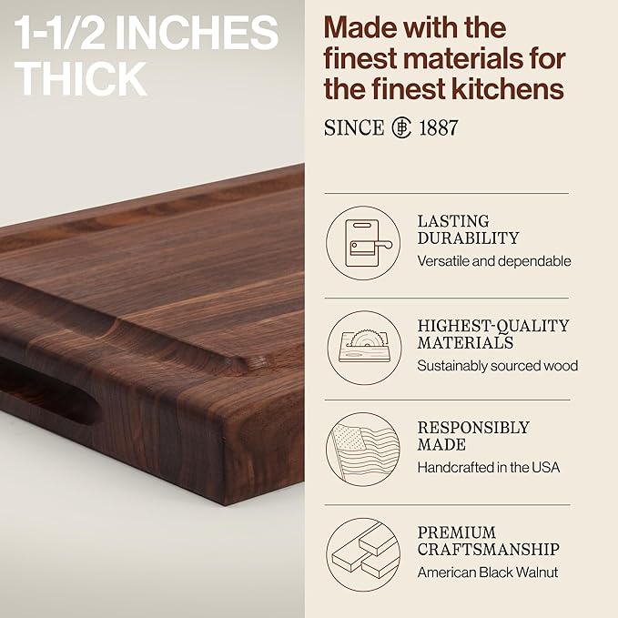 John Boos BBQ Series Rectangular Wooden Walnut Cutting Board 18”x12” – 1.5” Thick, 7-lb Reversible Butcher Block with Juice Groove, Edge-Grain & Finger Grips– Made in the USA