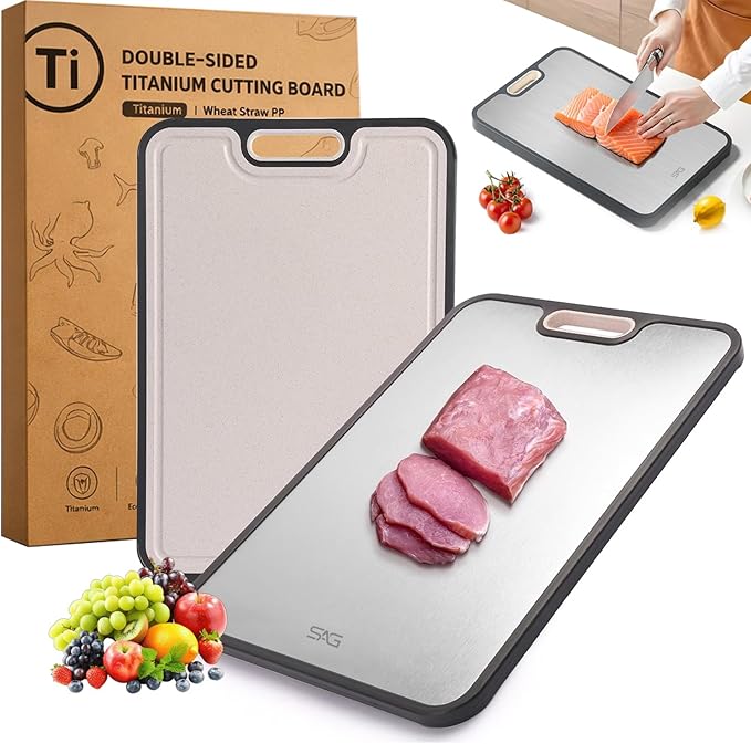 SAG’s Store Titanium Cutting Board for Kitchen, 16"x11" Double-Sided Metal Chopping Board, Durable & Easy to Clean, Reusable Lightweight Design with Juice Groove and Garlic Grinding Area