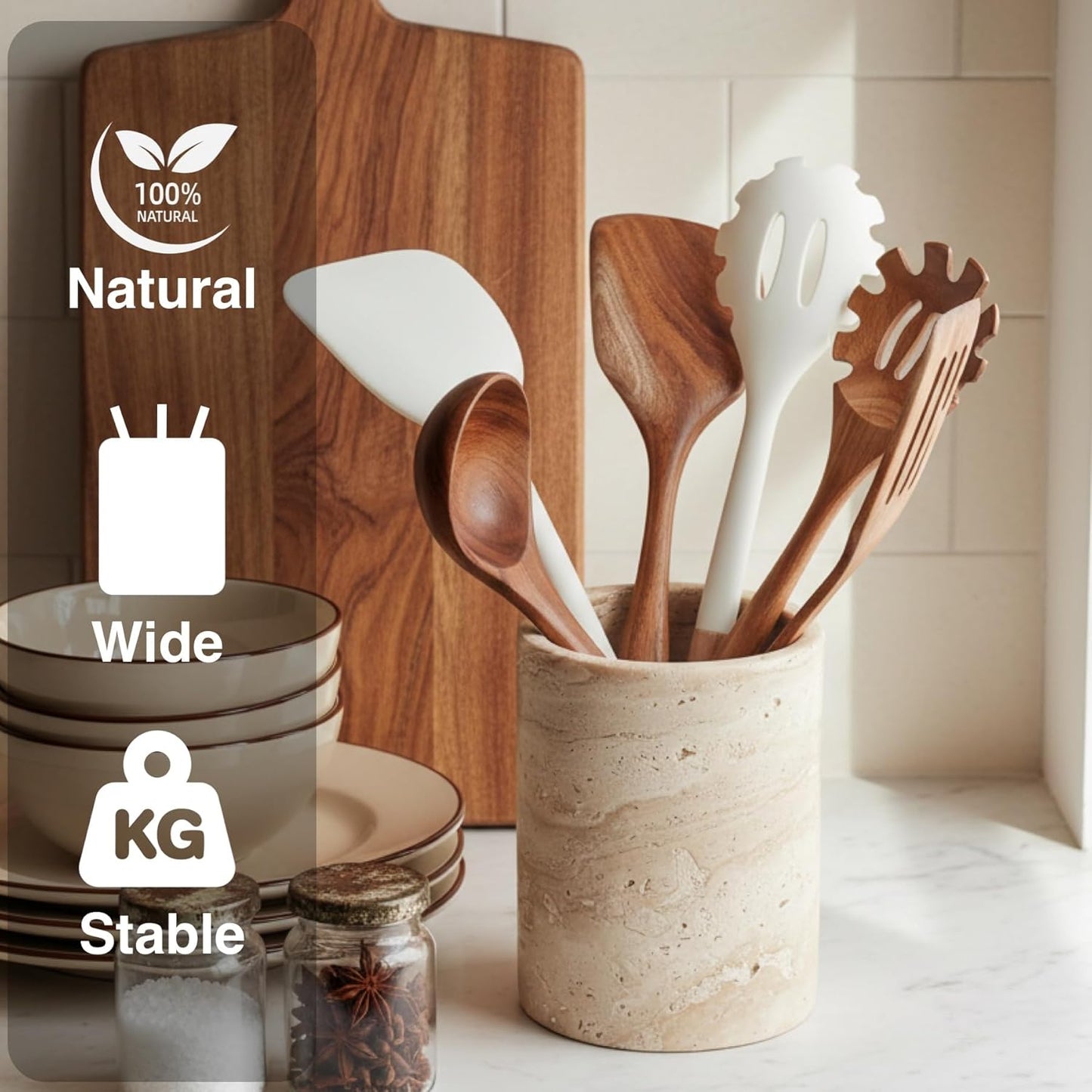 Natural Travertine Utensil Holder for Kitchen Countertop – Heavy & Stable Real Stone Utensil Crock, Large Spoon & Spatula Organizer, Rustic Premium Kitchen Decor, Housewarming Gift, Beige