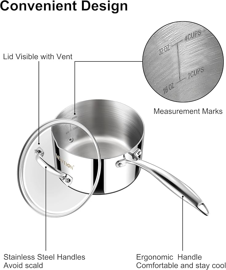 VENTION Tri-Ply Stainless Steel 1 Quart Saucepan with Lid, Bright Small Sauce Pan with Pour Spout, Small Pots for Cooking