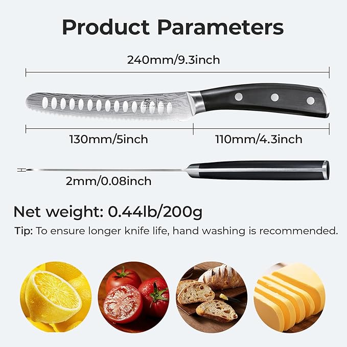 Kitchen Utility Knife, 5 inch Serrated Ultra Sharp Blade, Paring knives, Round Tip Tomato Knife, Ergonomic Handle, Full Tang – Forged High Carbon German Steel, Ideal for Gift (Black)