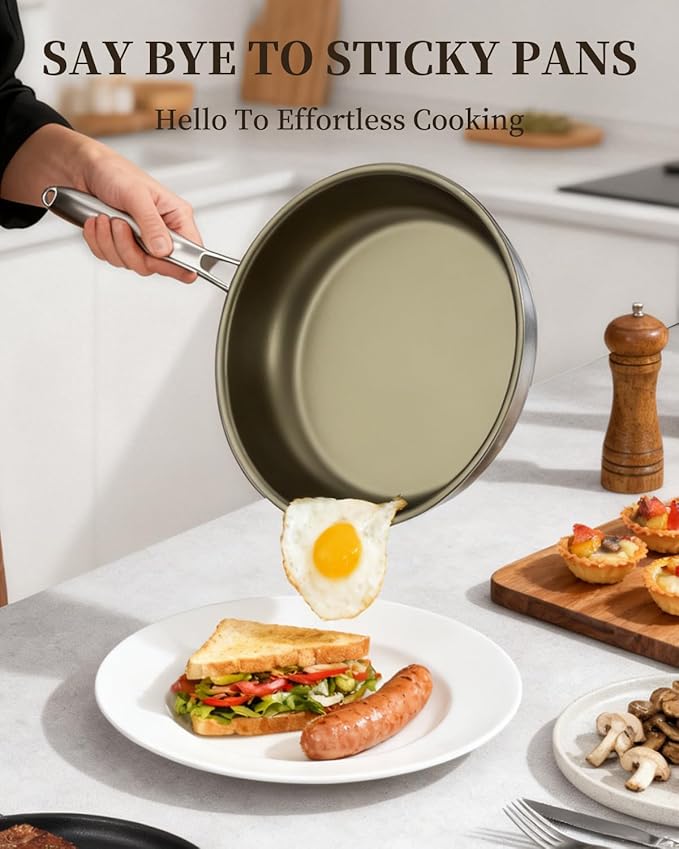 Abijan 11inch Stainless Steel Pan, Non stick frying pan, 3-Ply Titanium pan, Induction cooking pan, Nonstick Omelette Skillet, PFOA/PFAS/PTFE Free, Compatible with All Cooktops, Oven Safe, Brown