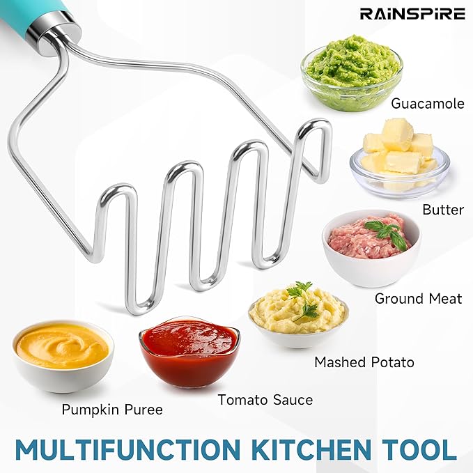 Rainspire Potato Masher Stainless Steel, Mashed Potato Masher Kitchen Tool, Durable Mash Potatoes Masher, Soft Non-slip Handle, Kitchen Utensils, Kitchen Gadgets (Blue)