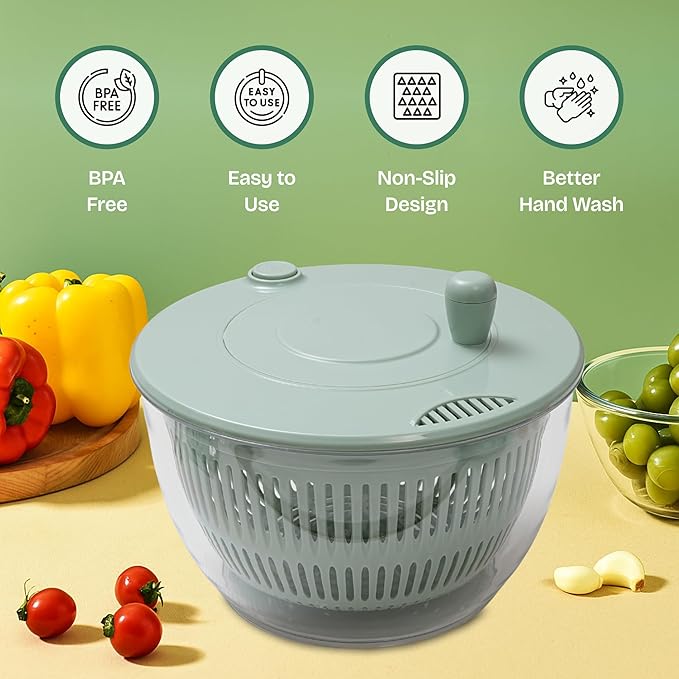 Large Salad Spinner 7-in-1 – Vegetable & Fruit Washer, Dryer, Slicer, Shredder, Juicer – Non-Slip, BPA-Free, Dishwasher Safe Lettuce Spinner Bowl for Meal Prep (Green)