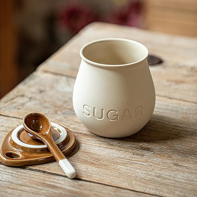 Ceramic Sugar Bowl with Lid and Spoon, 16 Oz Sugar Container for Coffee Bar Decor, Farmhouse Sugar Jar Sugar Dispenser, Vintage Kitchen Decor and Accessories (1 Pack)