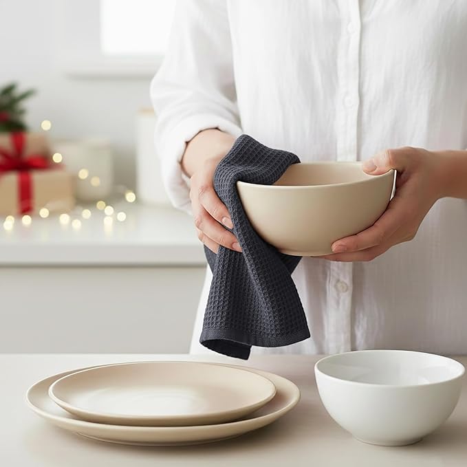 PurpleEssences Waffle Weave Kitchen Towel, 100% Cotton, 15x25 Inches, with Hanging Loop Ultra Soft Absorbent Quick Drying Dish Cloth, Tea and Hand Towels, 4 Pack - Christmas Holiday Winter - Dark Grey
