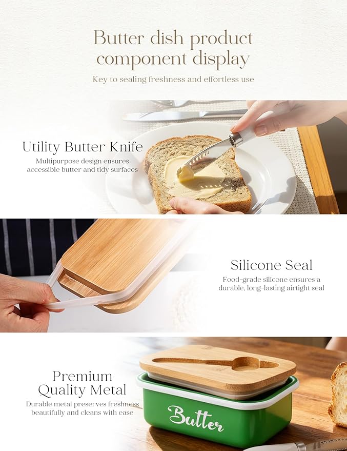 Butter Dish, Butter Dish with Lid for Countertop,Metal Butter Keeper with Stainless Steel Multipurpose Butter Knife, Large Butter Container with quality Silicone Good Kitchen Gift,Grass Green