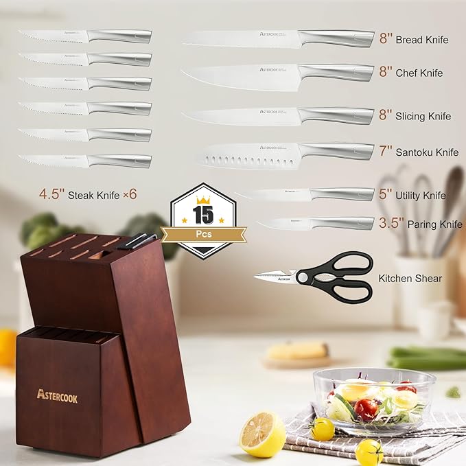 Astercook Knife Set, Kitchen Knives Set with Block and Sharpener Full Tang 15 Pcs Premium Stainless Steel Knives Ultra Sharp Blade Dishwasher Safe Knife Set with Anti-slip Ergonomic Handle, Walnut